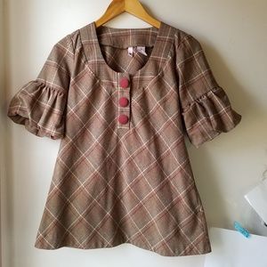 Plaid Trumpet-Sleeved Blouse